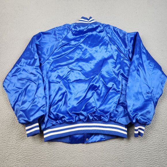 Vintage Satin Bomber Jacket Large Lined Blue Blank Snap Button Front 90s USA - Picture 2 of 11